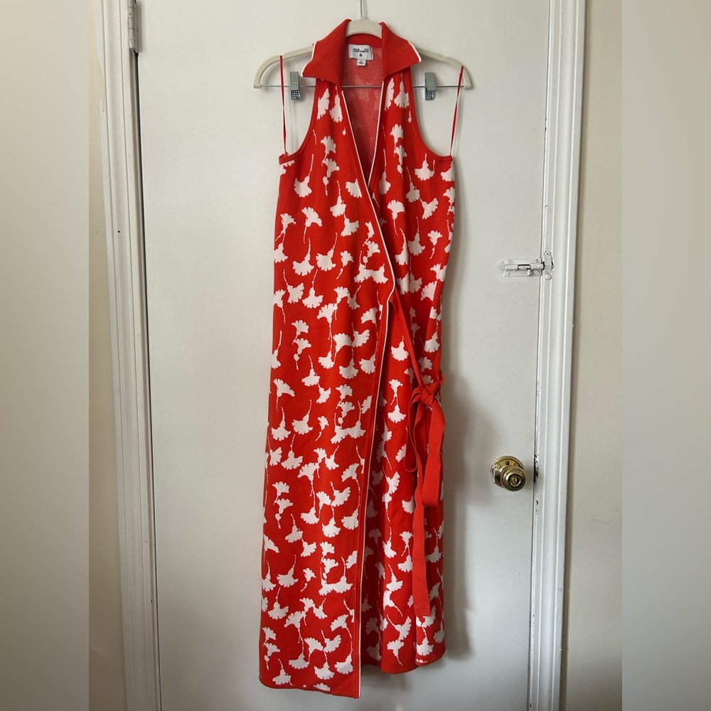 Sleeveless Red Wrap Dress with White Ginko Print